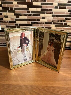 Vintage Double Gold Hinged Picture Frame - Holds Two 5x7 Photos